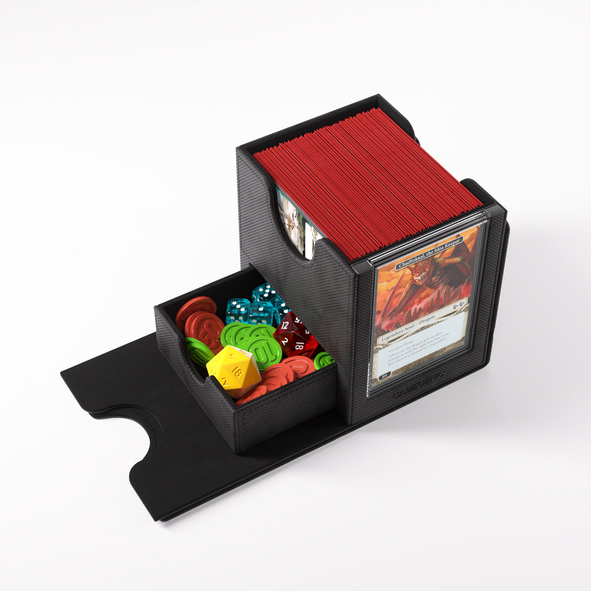 Deck Box: Sidekick PRO 100+ XL Convertible Black - Black rectangular deck box with a clear card display window, holding red cards and compartments with colorful game tokens.