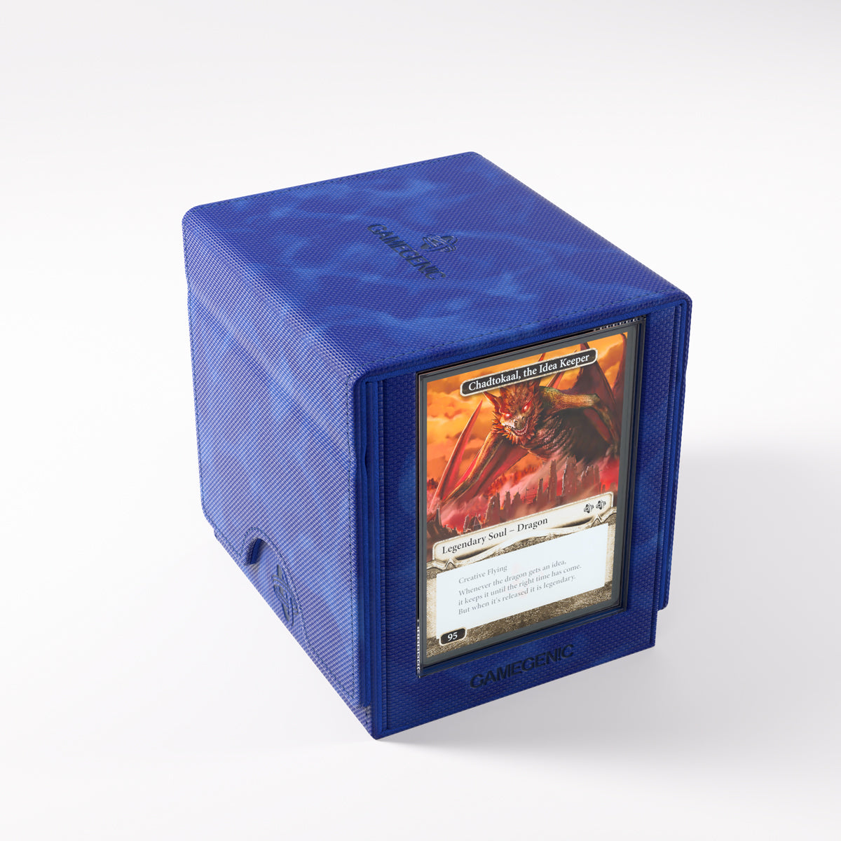 Deck Box: Sidekick PRO 100+ XL Convertible Blue - Blue rectangular deck box with a clear card slot on the front displaying a fantasy trading card.