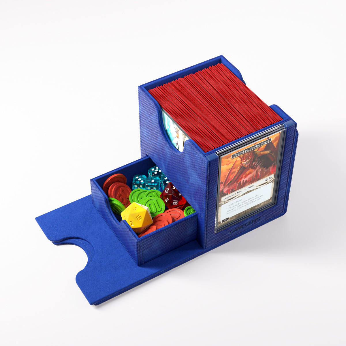 Deck Box: Sidekick PRO 100+ XL Convertible Blue - Blue plastic deck box with compartments holding red cards, colorful gaming dice, and tokens.