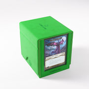 Deck Box: Sidekick PRO 100+ XL Convertible Green - Bright green rectangular deck box with a viewing window holding collectible cards, soft material.