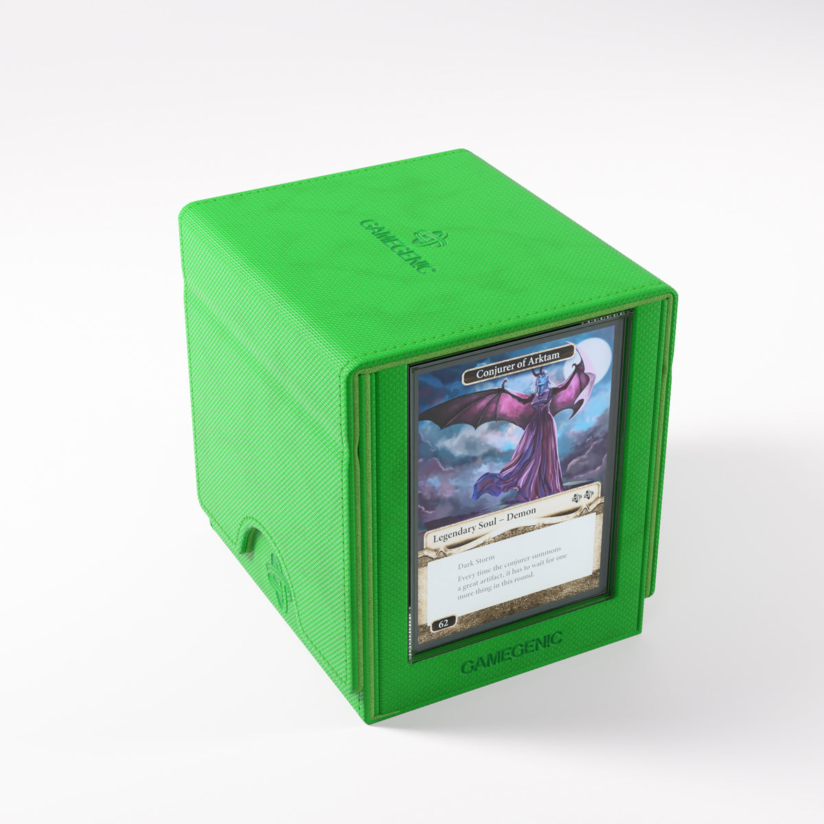 Deck Box: Sidekick PRO 100+ XL Convertible Green - Bright green rectangular deck box with a viewing window holding collectible cards, soft material.