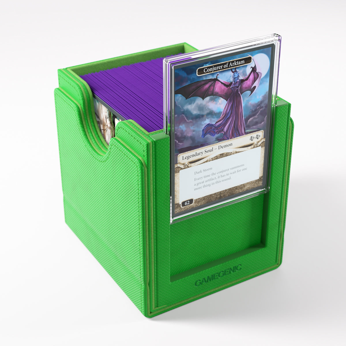 Deck Box: Sidekick PRO 100+ XL Convertible Green - Bright green rectangular deck box holding purple card sleeves, designed for organizing and protecting collectible cards.