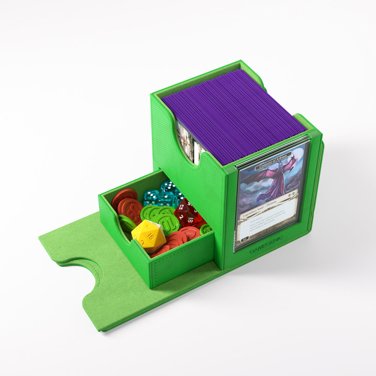 Deck Box: Sidekick PRO 100+ XL Convertible Green - Green plastic deck box with purple lid, featuring compartments for cards and colorful game tokens, convertible design.