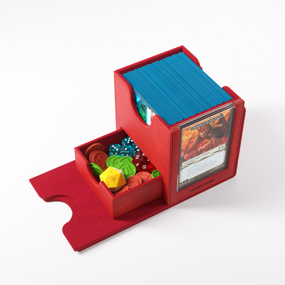 Deck Box: Sidekick PRO 100+ XL Convertible Red - Red rectangular deck box with storage compartments holding gaming cards, dice, and tokens.