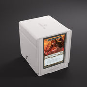 Deck Box: Sidekick PRO 100+ XL Convertible White - White rectangular deck box with clear front window displaying a game card, sturdy hinge on side.