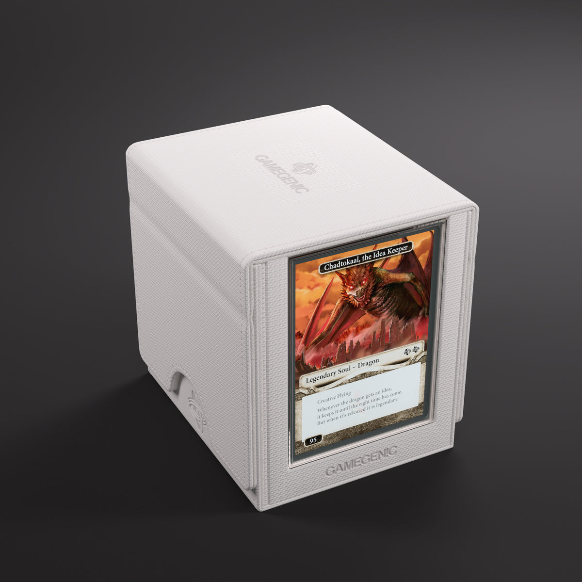 Deck Box: Sidekick PRO 100+ XL Convertible White - White rectangular deck box with clear front window displaying a game card, sturdy hinge on side.