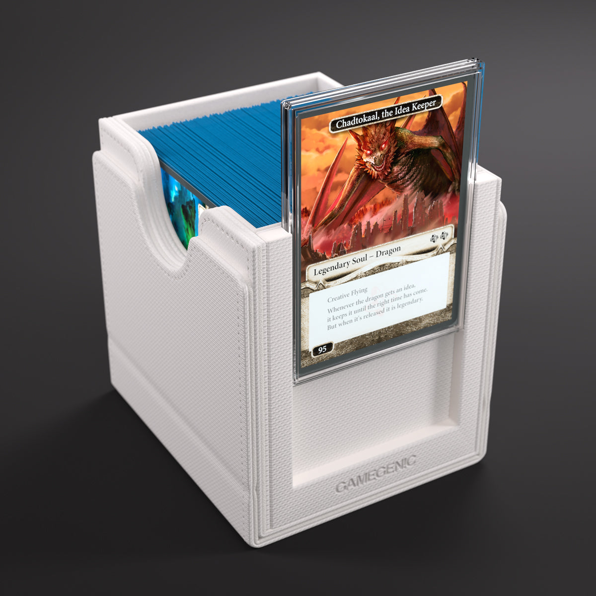 Deck Box: Sidekick PRO 100+ XL Convertible White - White rectangular deck box with smooth matte finish, open lid showing blue card dividers and a displayed protective card.