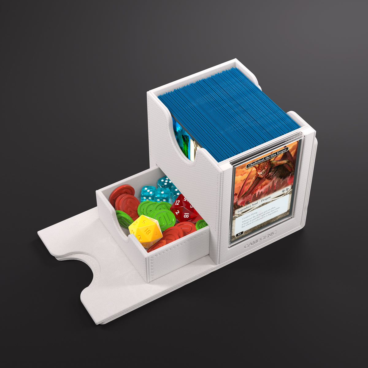 Deck Box: Sidekick PRO 100+ XL Convertible White - White plastic deck box with a removable tray holding colorful dice and a larger compartment storing trading cards in a.