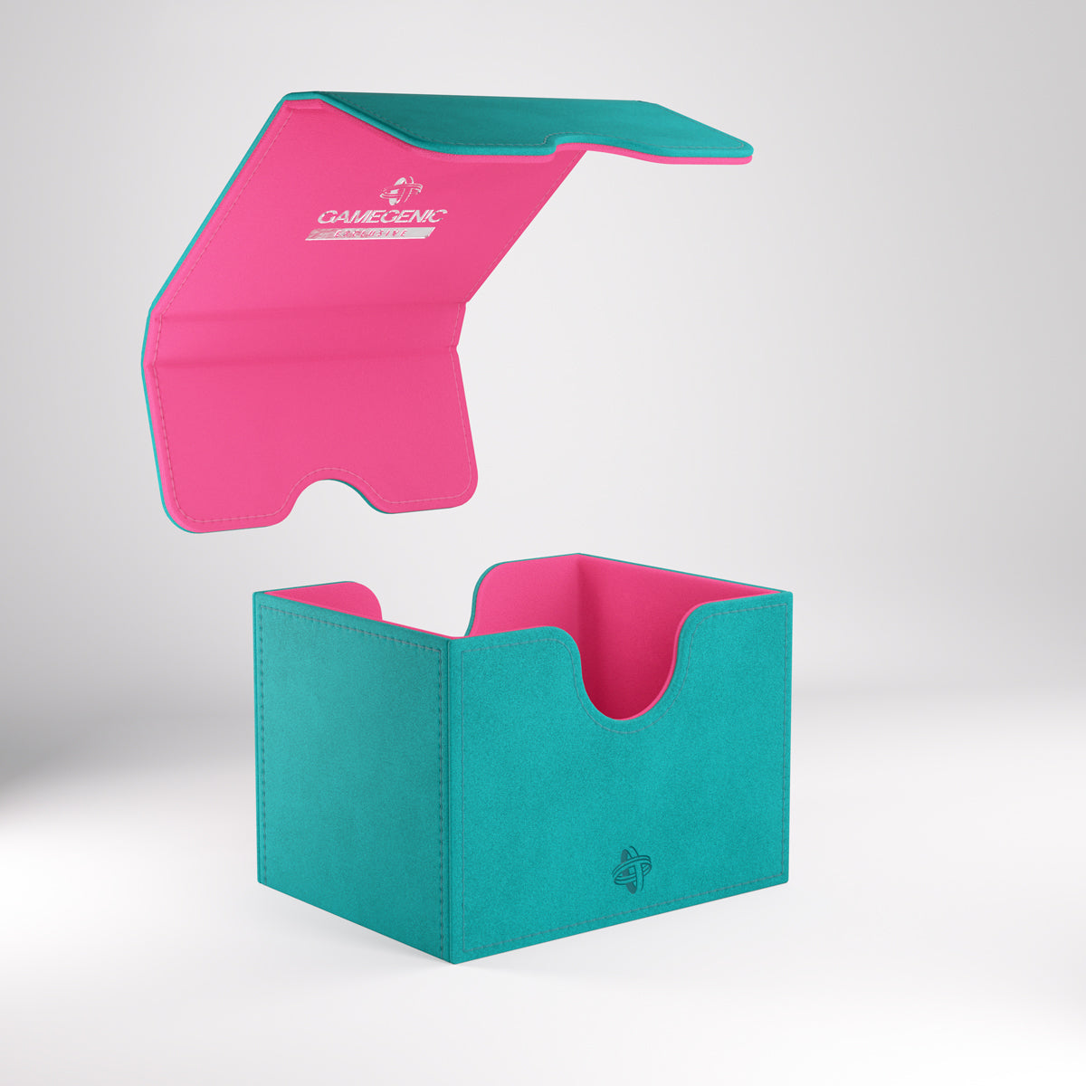 Gamegenic: Sidekick 100+ XL - Teal/Pink - Teal rectangular deck box with rounded edges and a pink interior, open lid with logo inside.