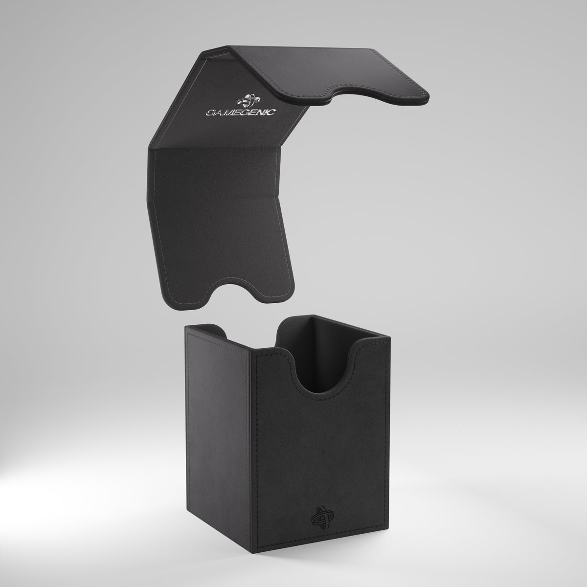 Gamegenic Squire 100+ XL - Black - Matte black rectangular deck box with an open flip-top lid and cutout finger grooves, designed to hold over 100 cards.