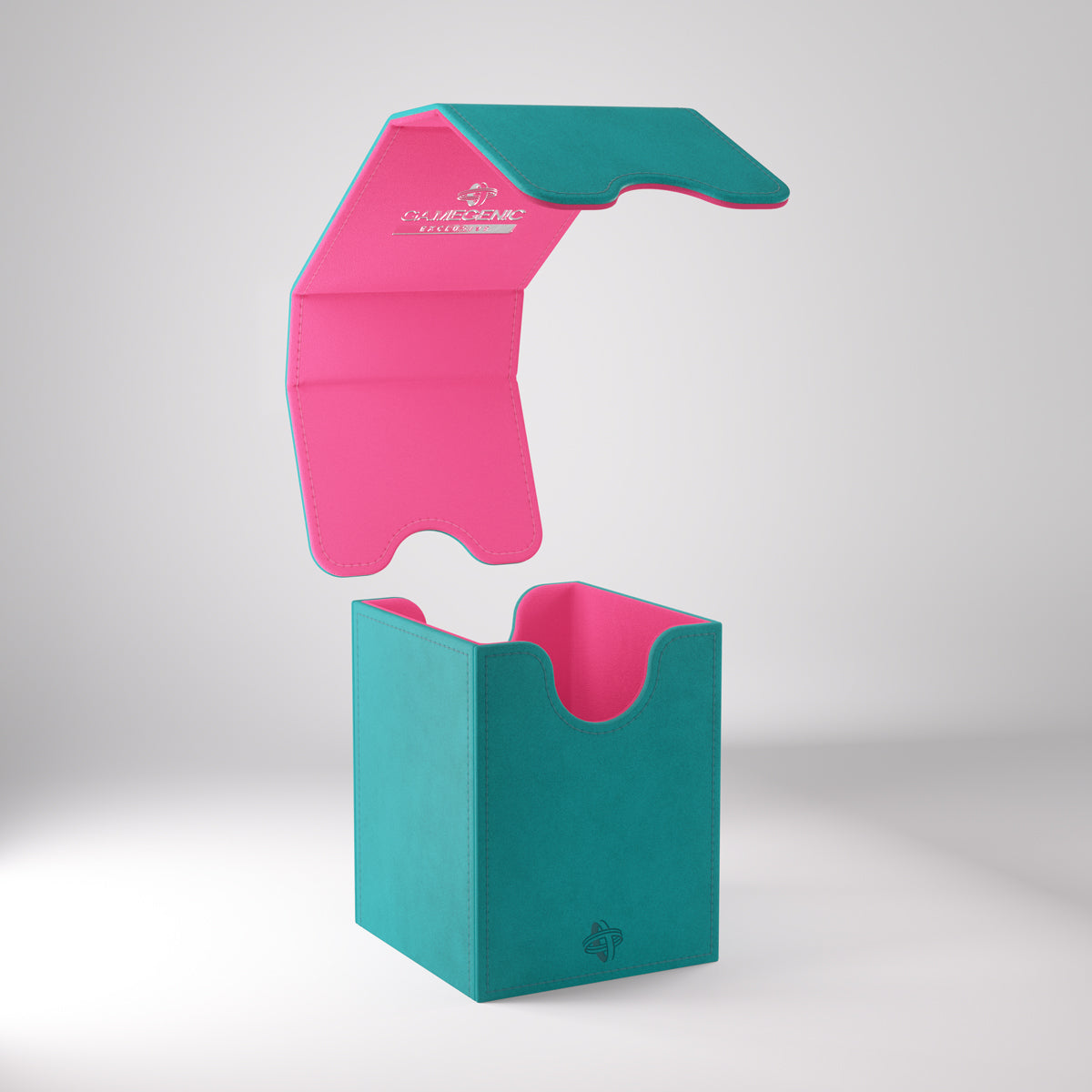 Gamegenic: Squire 100+ XL Convertible - Teal/Pink - Teal rectangular deck box with pink interior and a fold-over lid designed for card storage.
