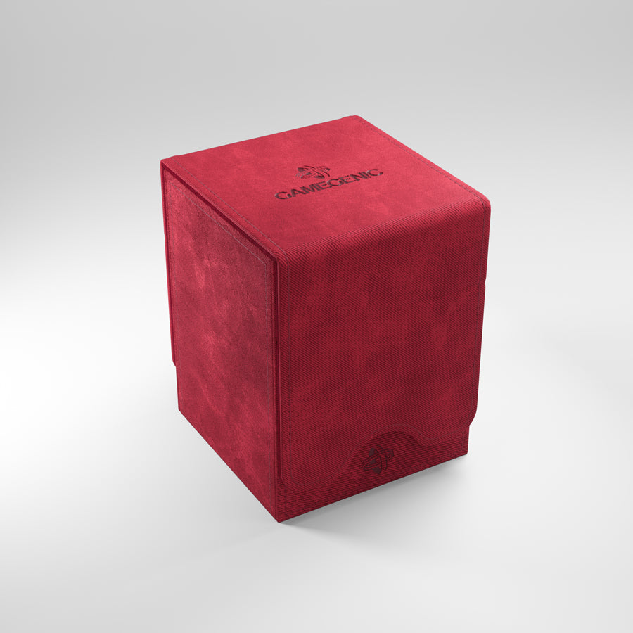 Gamegenic Squire 100+ XL - Red - Rectangular red deck box with soft suede-like texture and black Gamegenic logo on top and front side.