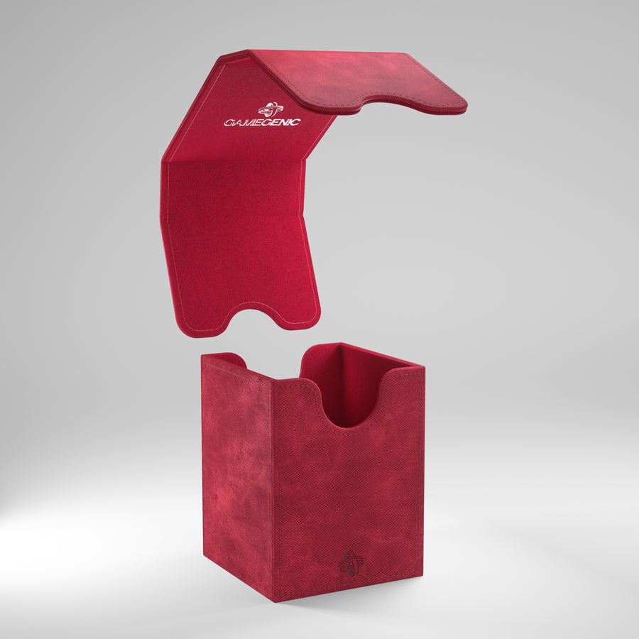 Gamegenic Squire 100+ XL - Red - Red velvet deck box with hinged lid and curved thumb notch, embossed Gamegenic logo on top.