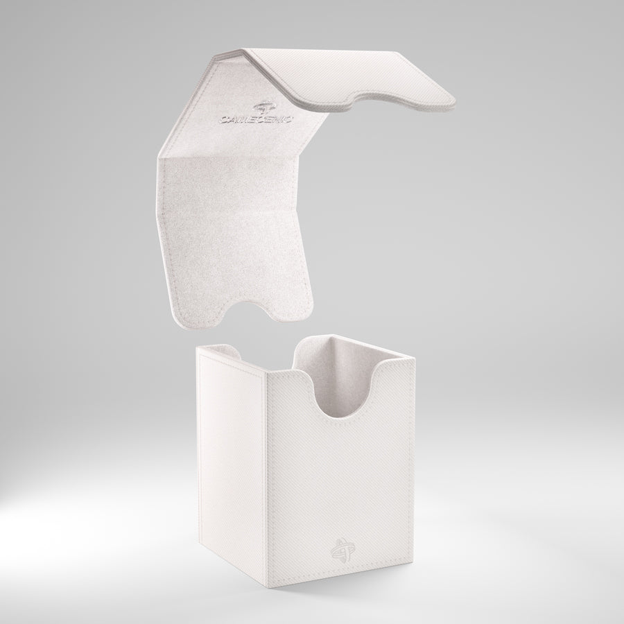 Gamegenic Squire 100+ XL - White - White rectangular deck box with a hinged lid and curved thumb notch, designed for card storage.