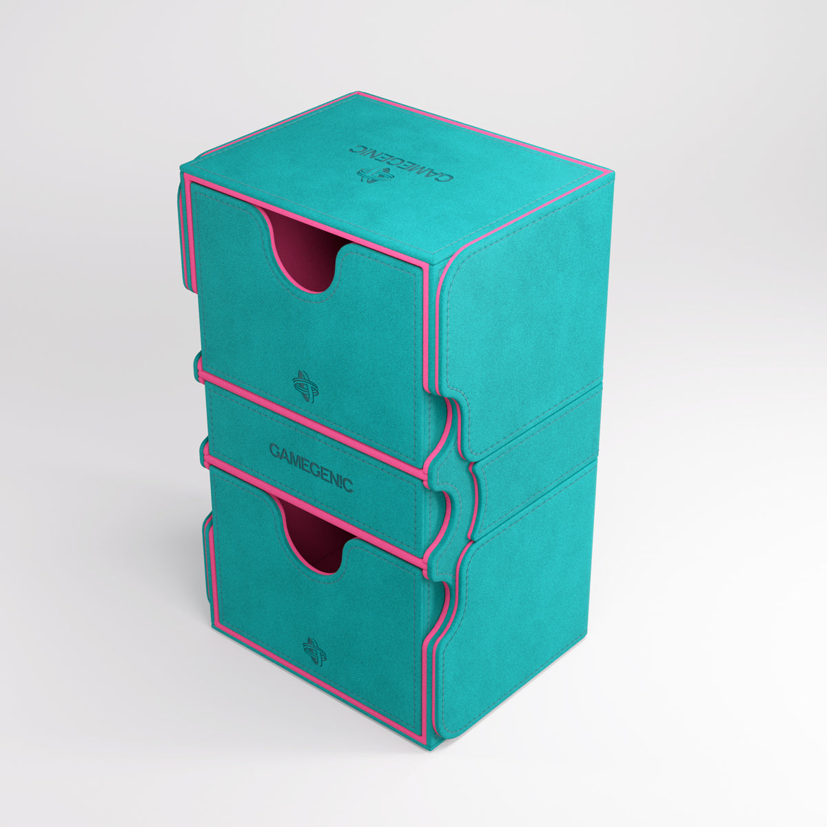Gamegenic: Stronghold 200+ XL Convertible - Teal/Pink - Teal rectangular deck box with pink edges and pull-out drawers for card storage, smooth matte finish.