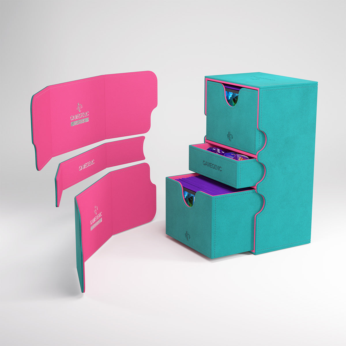 Gamegenic: Stronghold 200+ XL Convertible - Teal/Pink - Teal and pink rectangular deck box with removable dividers and two pull-out storage drawers designed for card organization.