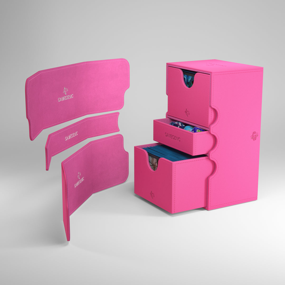 Gamegenic Stronghold 200+ XL Deck Box - Pink - Bright pink expandable deck box with two pull-out drawers and foam inserts for card protection.