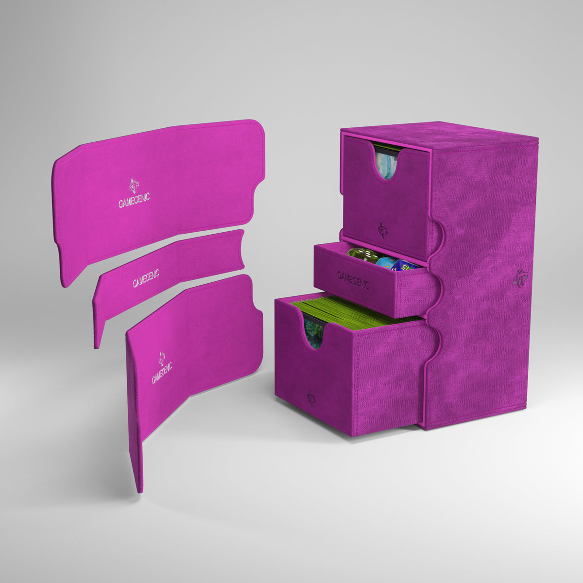 Gamegenic Stronghold 200+ XL Deck Box - Purple - Purple velvet-textured rectangular deck box with two pull-out drawers and removable dividers for organizing cards.
