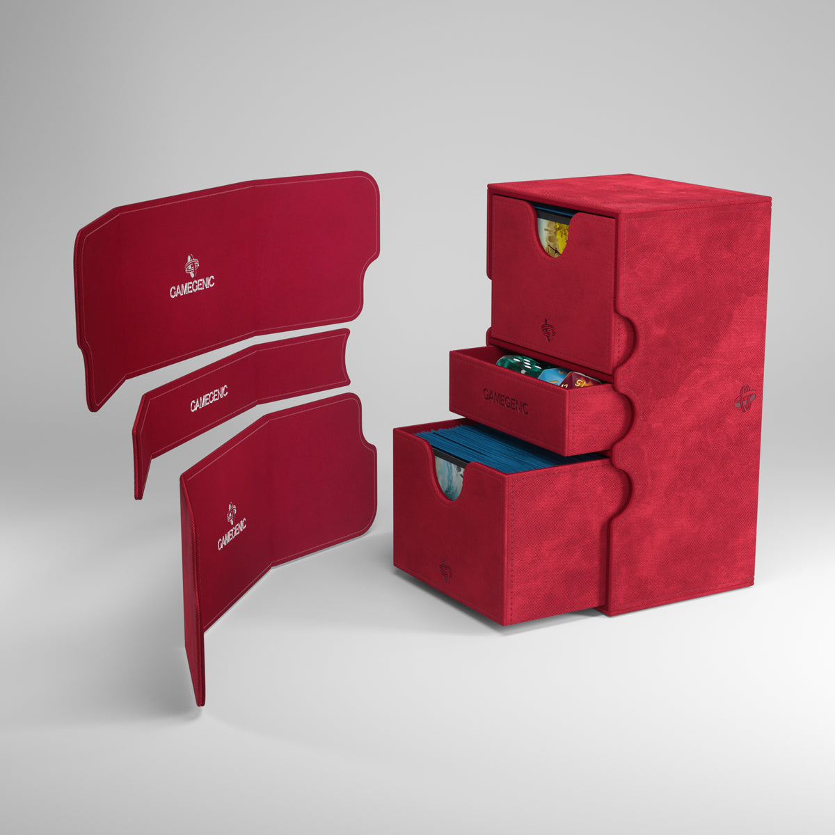 Gamegenic Stronghold 200+ XL Deck Box - Red - Red Gamegenic Stronghold 200+ XL deck box with two drawers and three red dividers shown separately.