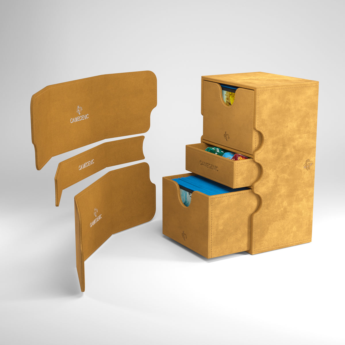 Gamegenic Stronghold 200+ XL Deck Box - Sand - Sand-colored tall rectangular deck box with three removable compartments and soft leather-like texture.