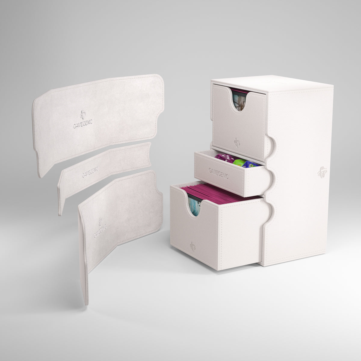 Gamegenic Stronghold 200+ XL Deck Box - White - White rectangular deck box with three pull-out drawers, designed to hold cards and gaming accessories, featuring removable.