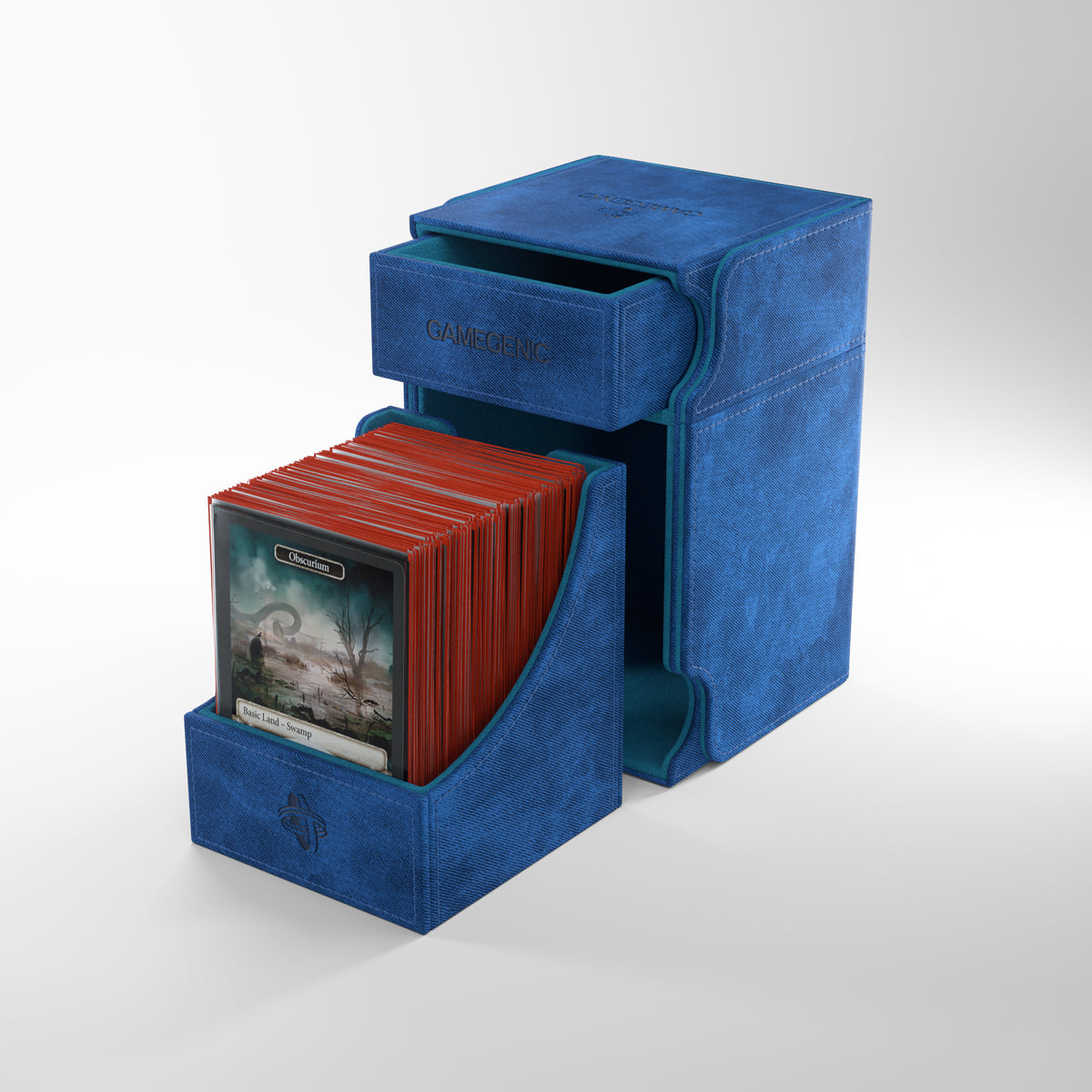 Gamegenic Watchtower 100+ XL Deck Box - Blue - Blue synthetic leather deck box with a removable tray holding red card sleeves and a large storage compartment beneath.
