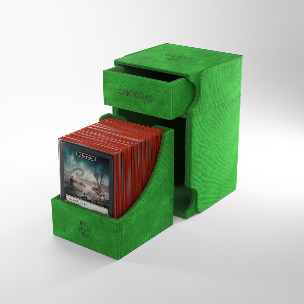 Gamegenic Watchtower 100+ XL Deck Box - Green - Green Gamegenic Watchtower XL Deck Box with removable inner tray holding red card sleeves.