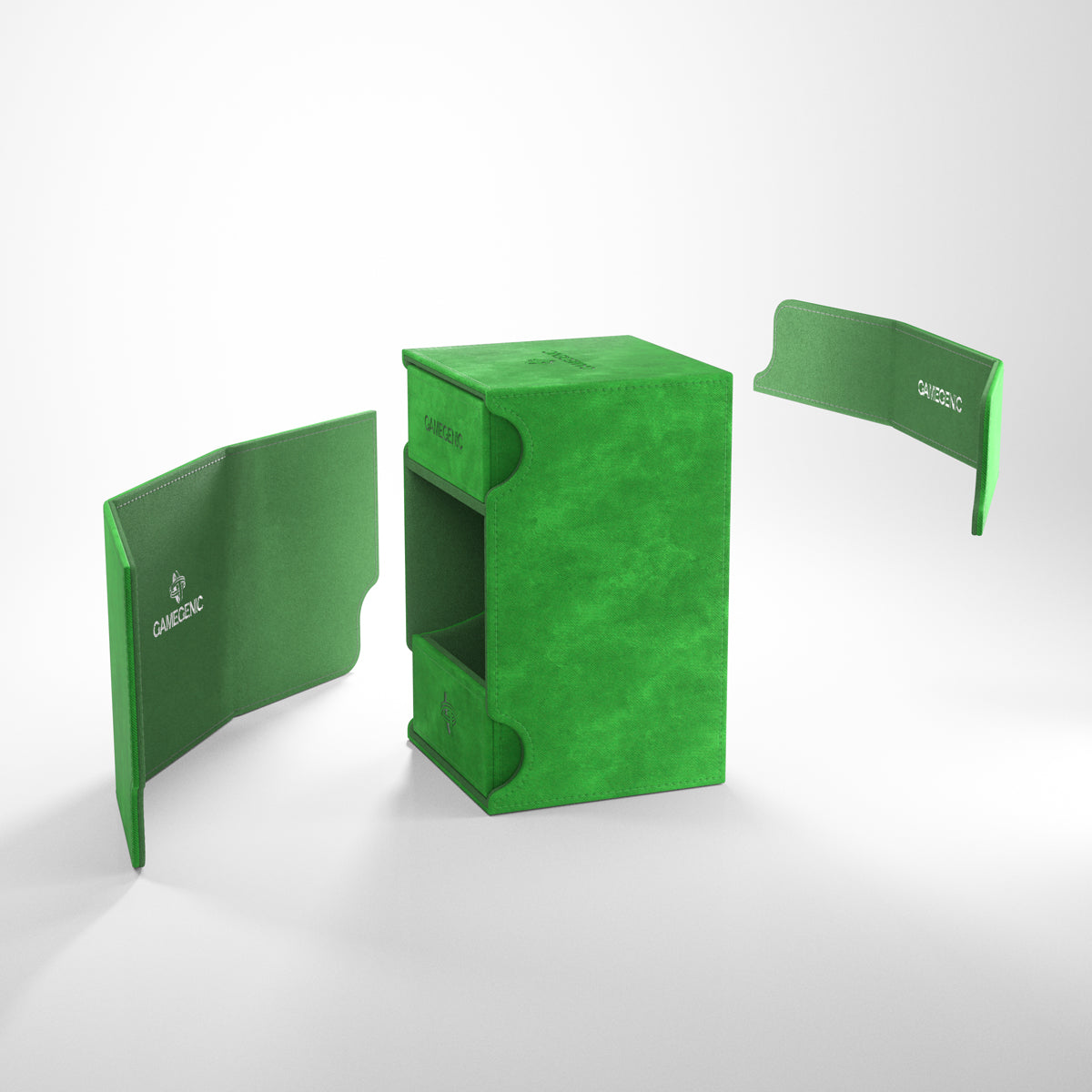 Gamegenic Watchtower 100+ XL Deck Box - Green - Green Gamegenic Watchtower 100+ XL Deck Box with two detachable green side panels featuring white logos.