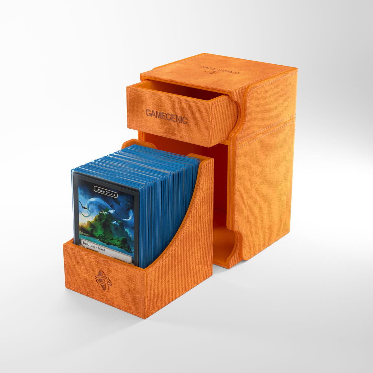 Gamegenic Watchtower 100+ XL Deck Box - Orange - Orange Gamegenic Watchtower XL deck box holding sleeved cards with a sliding drawer design.