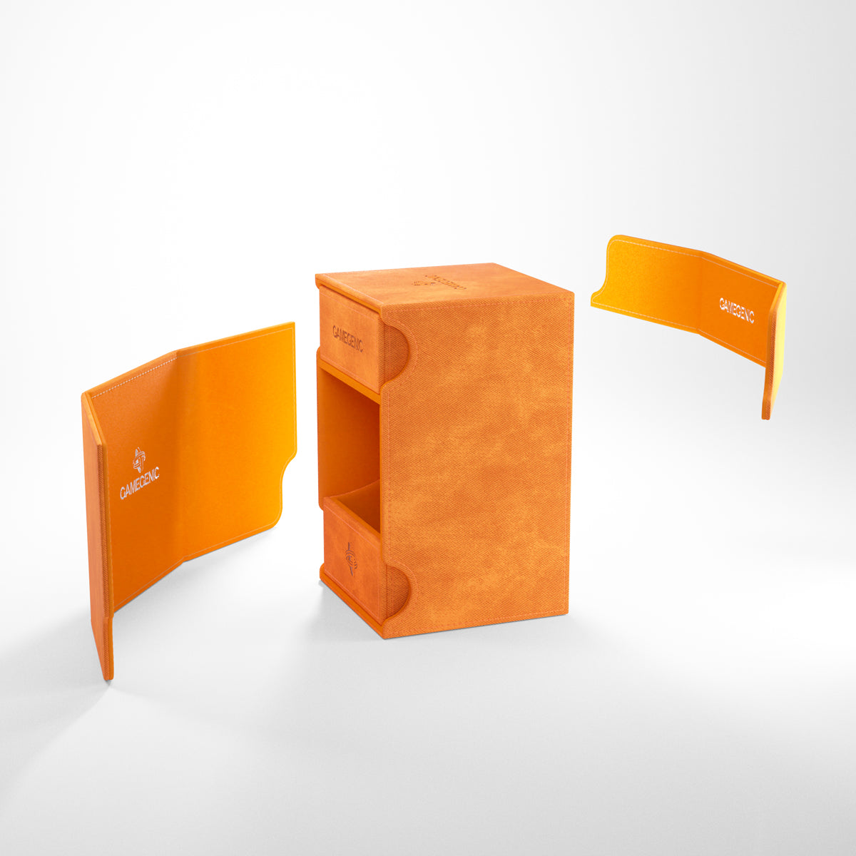 Gamegenic Watchtower 100+ XL Deck Box - Orange - Orange rectangular deck box with detachable side panels and a textured exterior finish.