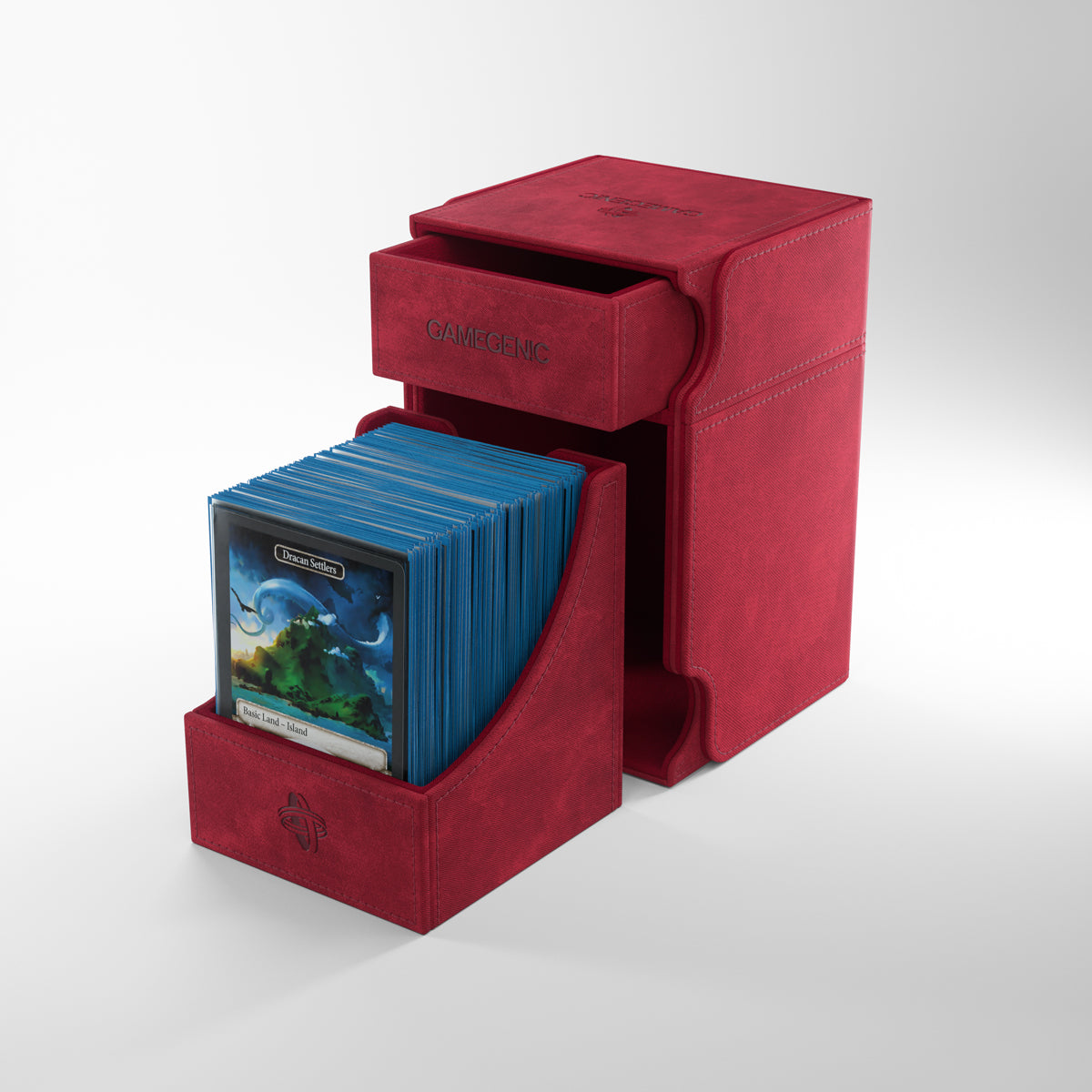 Gamegenic Watchtower 100+ XL Deck Box - Red - Red Gamegenic Watchtower XL deck box holding over 100 trading cards, with a two-tiered design and sliding compartments.