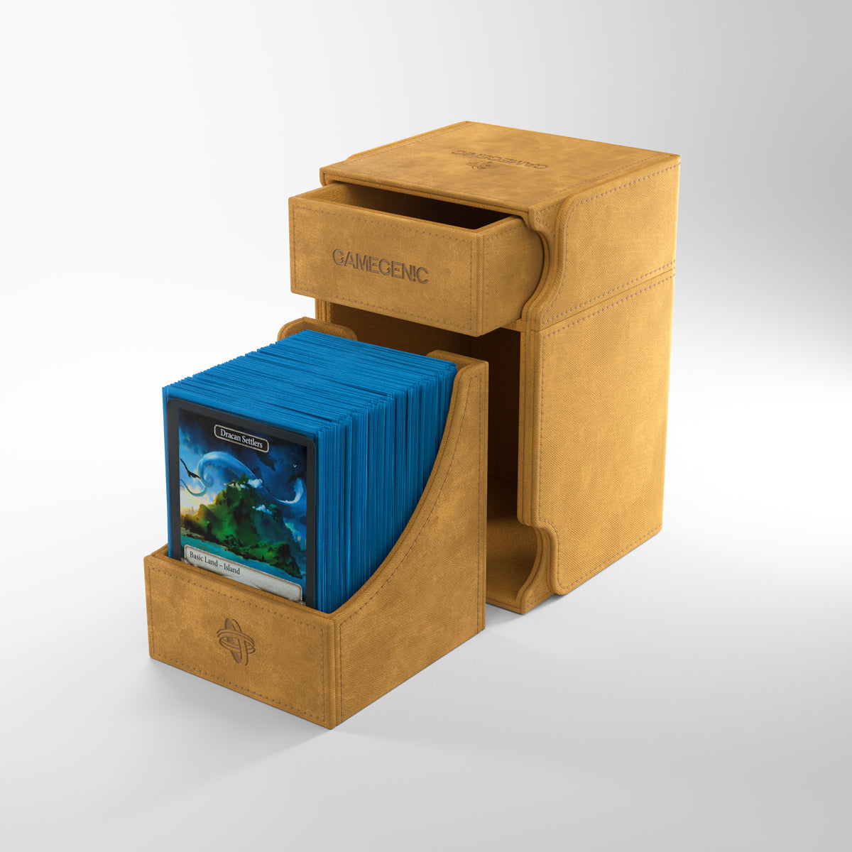 Gamegenic Watchtower 100+ XL Deck Box - Sand - Sand-colored synthetic leather deck box with a lift-top lid and a removable inner tray holding blue card sleeves.