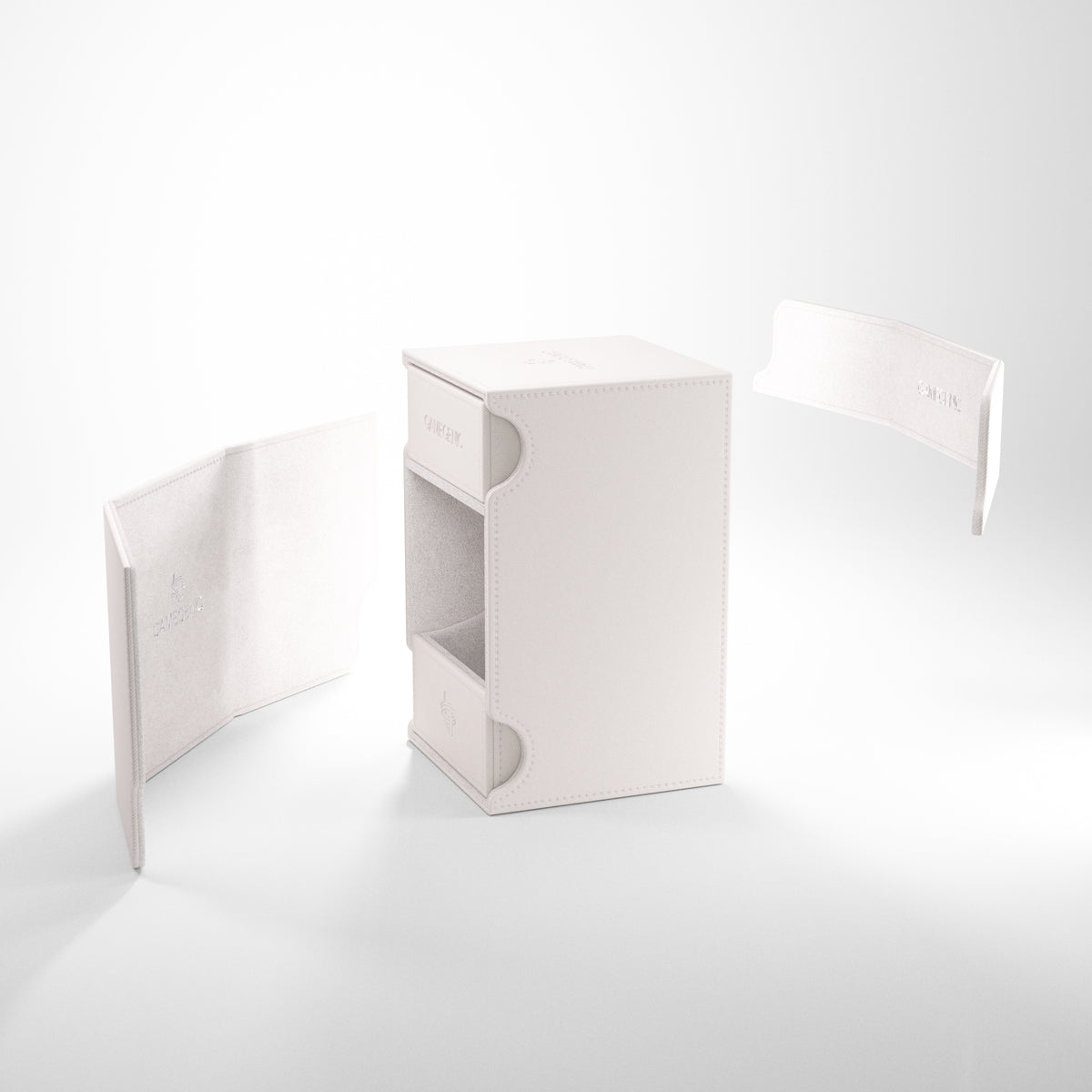Gamegenic Watchtower 100+ XL Deck Box - White - White Gamegenic Watchtower 100+ XL deck box open to show removable panels and storage compartments.