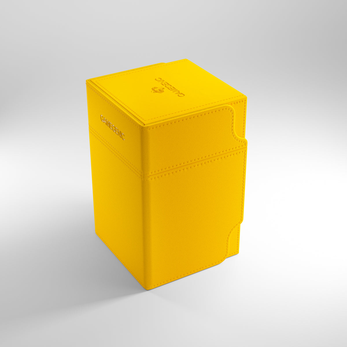 Gamegenic Watchtower 100+ XL Deck Box - Yellow - Bright yellow rectangular deck box with textured surface and subtle Gamegenic logo on top and side.