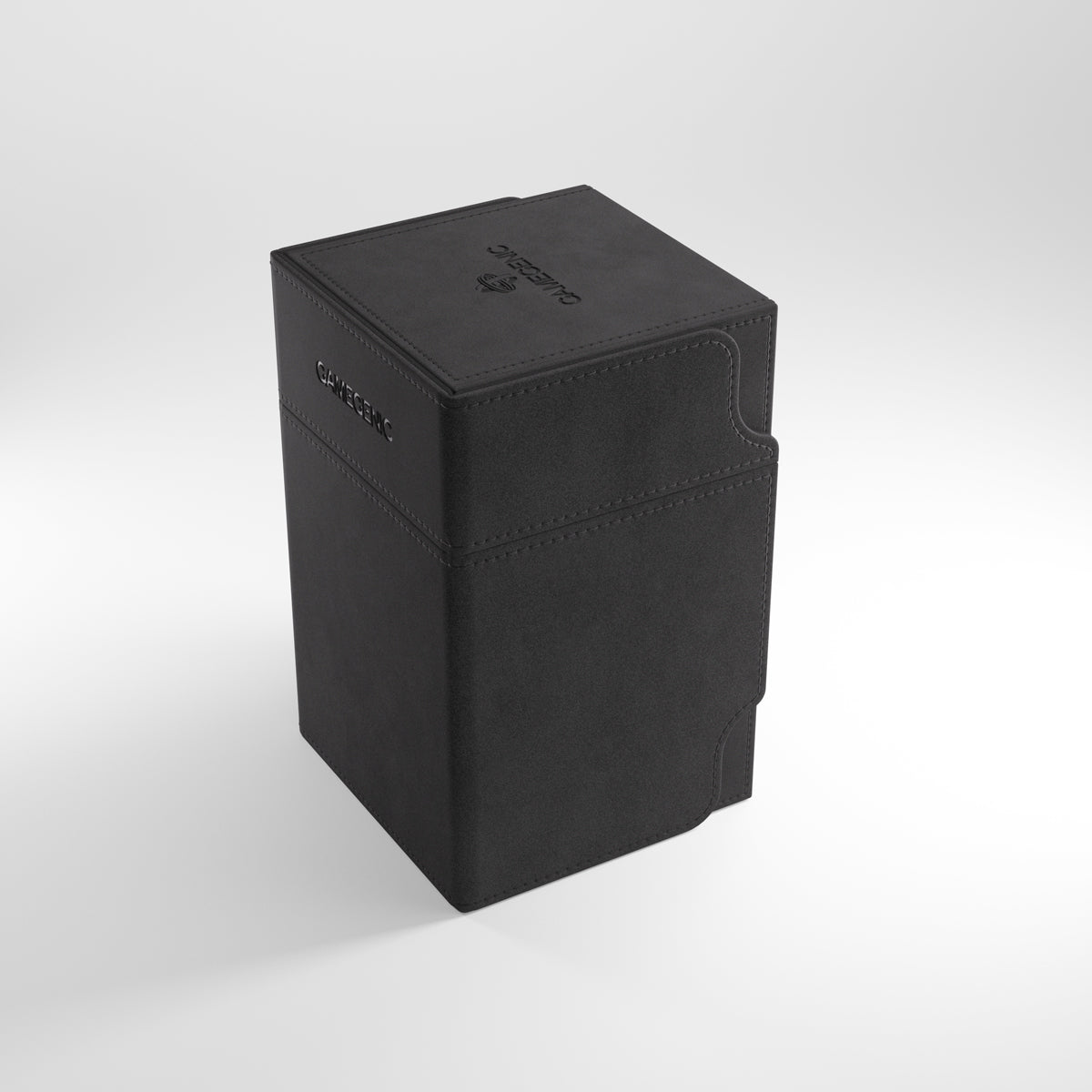 Gamegenic Watchtower 100+ XL Deck Box - Black - Black rectangular card deck box with smooth finish and embossed Gamegenic logo on top and side.