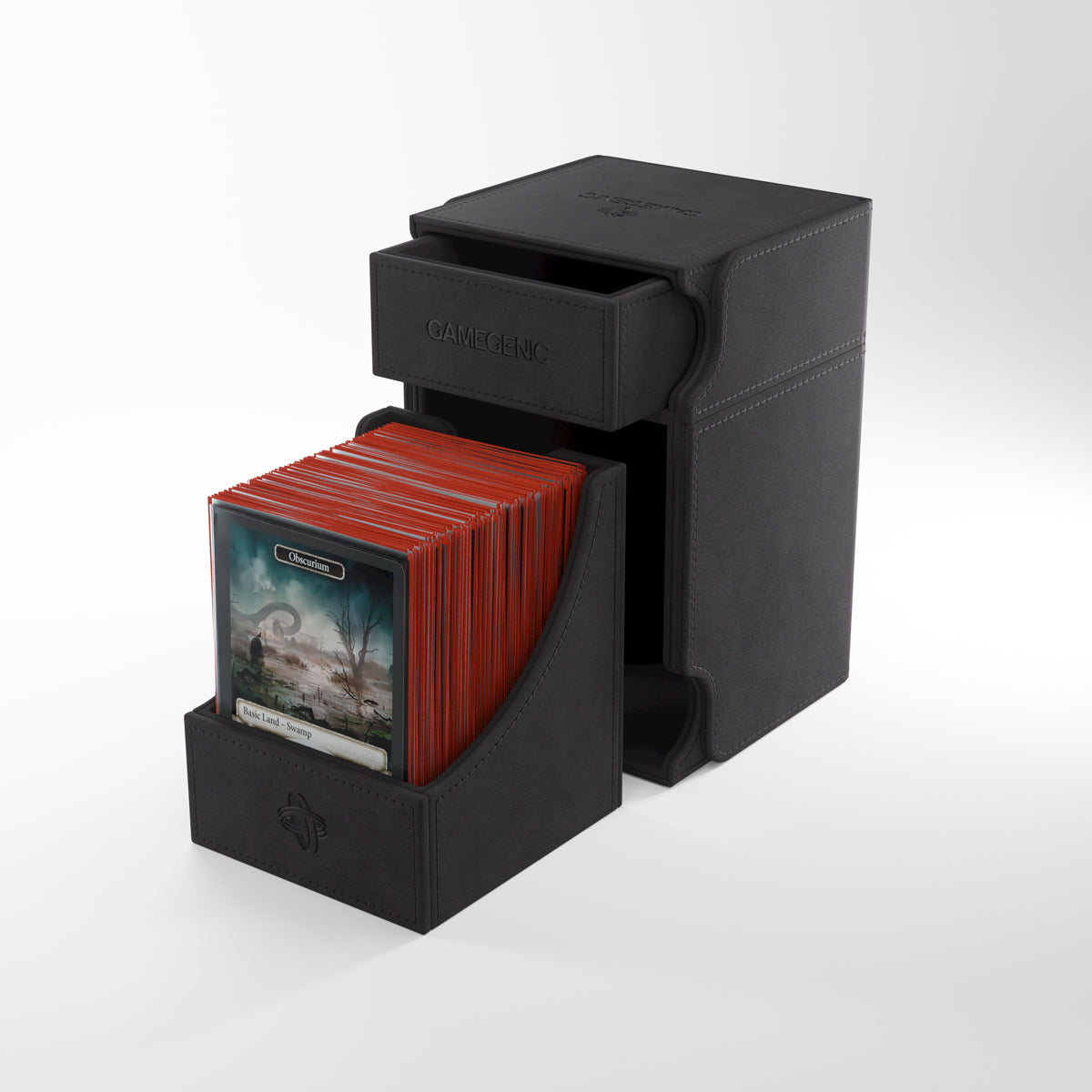 Gamegenic Watchtower 100+ XL Deck Box - Black - Black Gamegenic Watchtower XL deck box holding 100+ trading cards, open with inner tray extended.