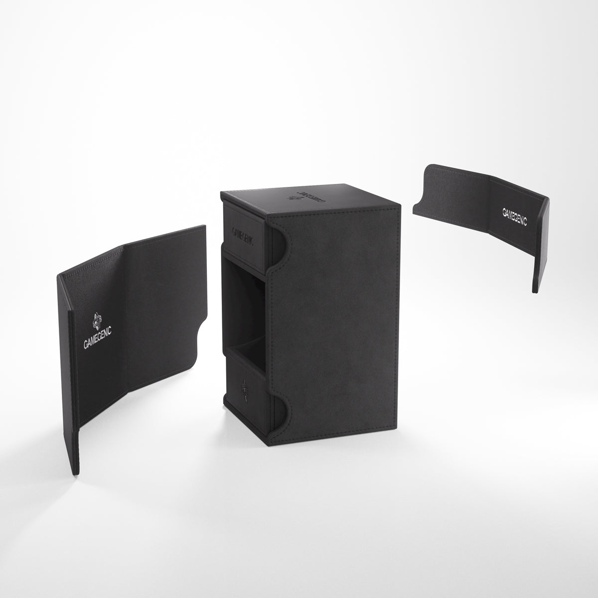 Gamegenic Watchtower 100+ XL Deck Box - Black - Black rectangular deck box with two removable black card dividers featuring white Gamegenic logos.