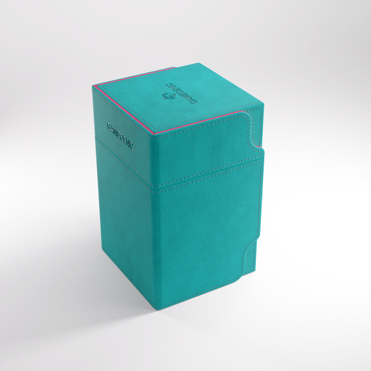 Gamegenic: Watchtower 100+ XL Convertible - Teal/Pink - Teal rectangular deck box with pink accents and a convertible design for card storage.