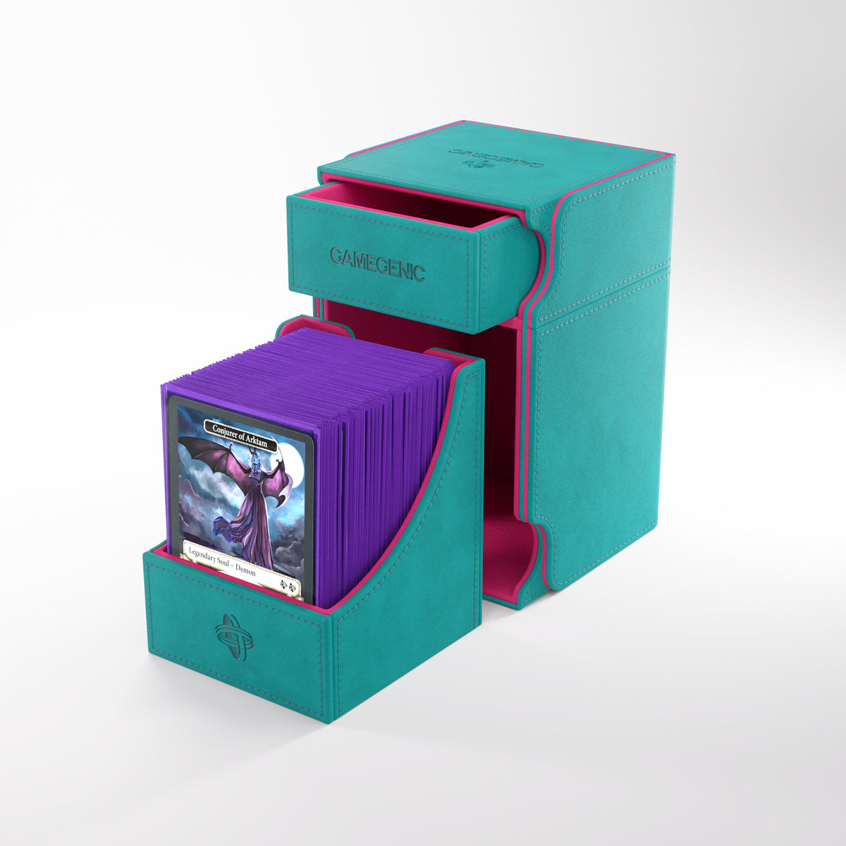 Gamegenic: Watchtower 100+ XL Convertible - Teal/Pink - Teal and pink convertible deck box with purple sleeves, designed for storing over 100 cards.