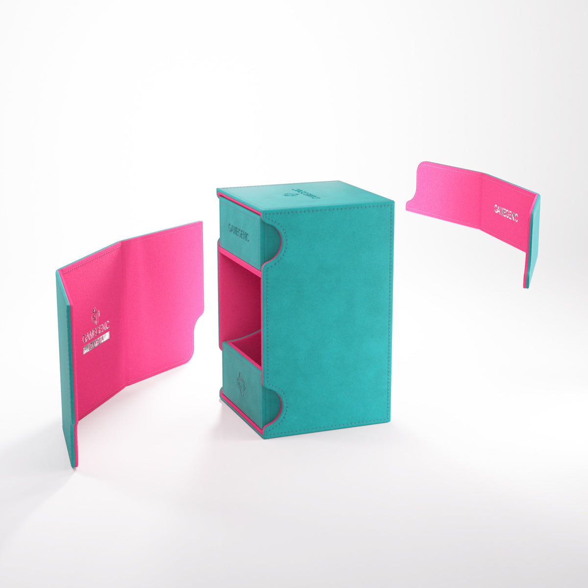 Gamegenic: Watchtower 100+ XL Convertible - Teal/Pink - Teal rectangular deck box with pink detachable side panels and magnetic closures for card storage and organization.