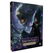 D&D 5E: Sebastian Crowes Guide to Drakkenheim - Dark fantasy RPG book cover with a menacing dragon-like creature and a mage holding a staff, titled Sebastian Crowes Guide.