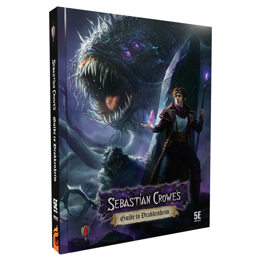 D&D 5E: Sebastian Crowes Guide to Drakkenheim - Dark fantasy RPG book cover with a menacing dragon-like creature and a mage holding a staff, titled Sebastian Crowes Guide.