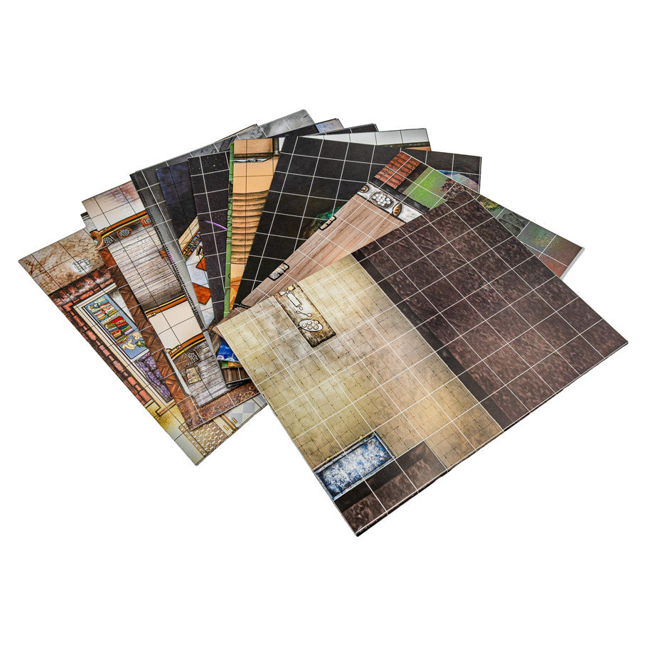D&D 5E: Enchanting Emporiums Map Pack (PREORDER) - Stack of colorful tabletop RPG maps featuring detailed grid layouts and various fantasy-themed environments for Dungeons &.