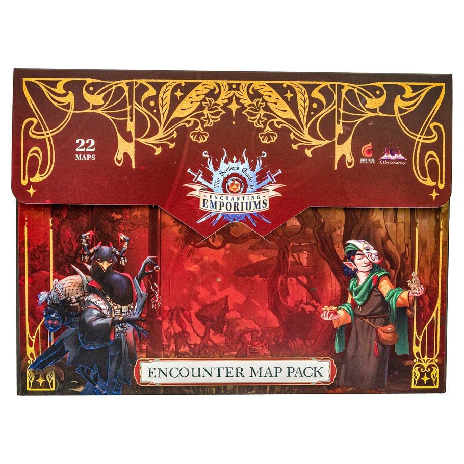 D&D 5E: Enchanting Emporiums Map Pack (PREORDER) - Red and gold Dungeons & Dragons box featuring fantasy characters and labeled Encounter Map Pack, 22 maps included.