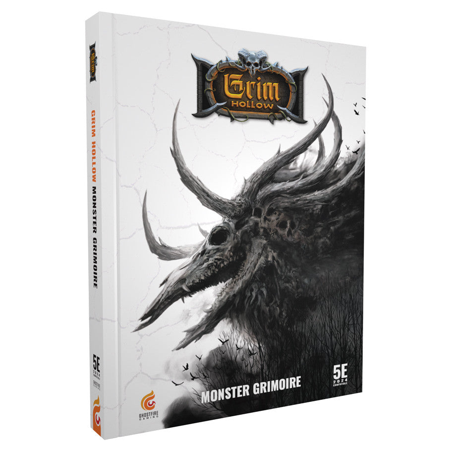 D&D 5E: Grim Hollow 2E: Monster Grimoire (PREORDER) - White softcover book titled Grim Hollow with dark, detailed illustration of a twisted horned creature on the cover.
