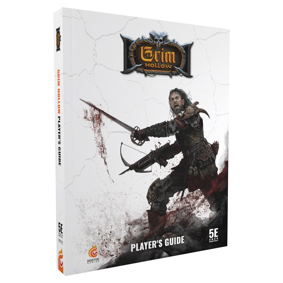 D&D 5E: Grim Hollow 2E: Player's Guide (PREORDER) - Grim Hollow 2E Player's Guide hardcover book with dark fantasy warrior wielding sword on white cracked background.