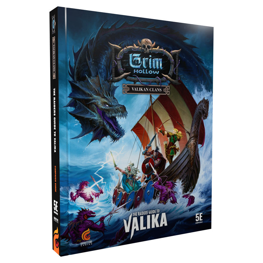 D&D 5E: Grim Hollow: Raider's Guide to Valika (PREORDER) - Raider's Guide to Valika with fantasy dragon and Viking ship artwork on front cover.