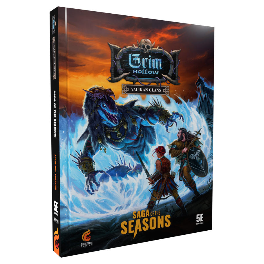 D&D 5E: Grim Hollow: Saga of the Seasons (PREORDER) - Hardcover D&D 5E Grim Hollow Saga of the Seasons book showing fantasy art with a ghostly horse and two adventurers on stormy