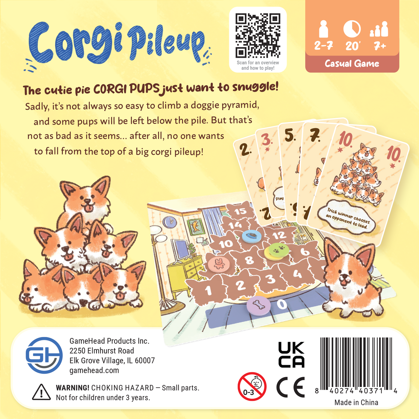 Corgi Pileup - Corgi Pileup card game box with cute cartoon corgi puppies forming a pyramid on a yellow background, including game.