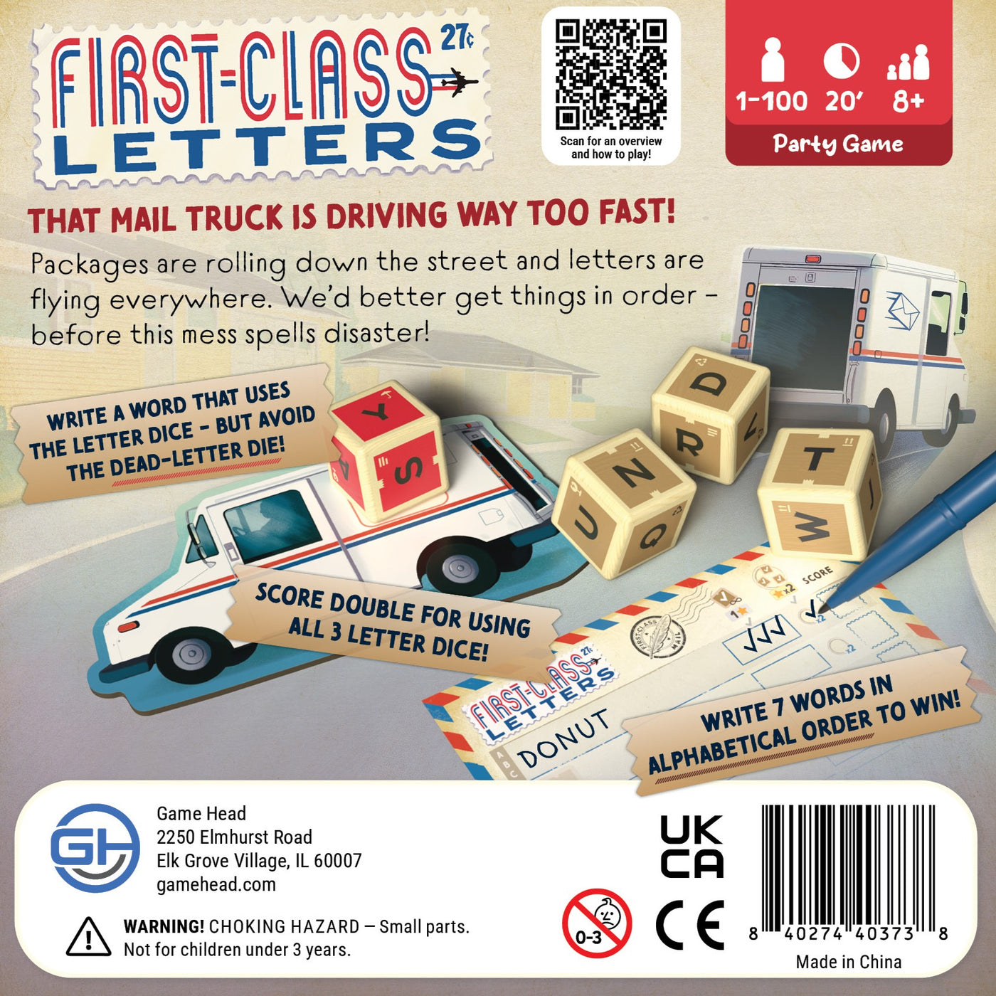 First Class Letters - Colorful board game box with wooden letter dice, cards, and letter tiles displaying words and symbols.